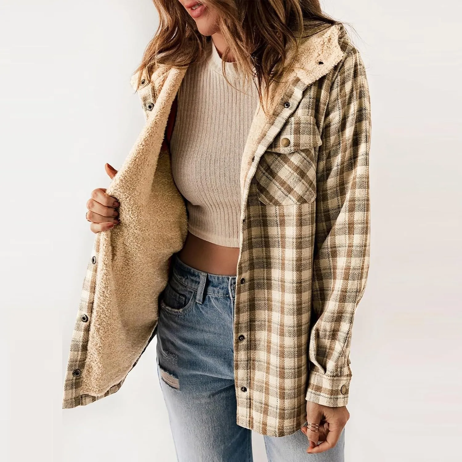 Fleece Plaid Coat for Women Button Down Long Sleeve Hooded Shacket Jacket Casual Plush Warm Coat with Pocket