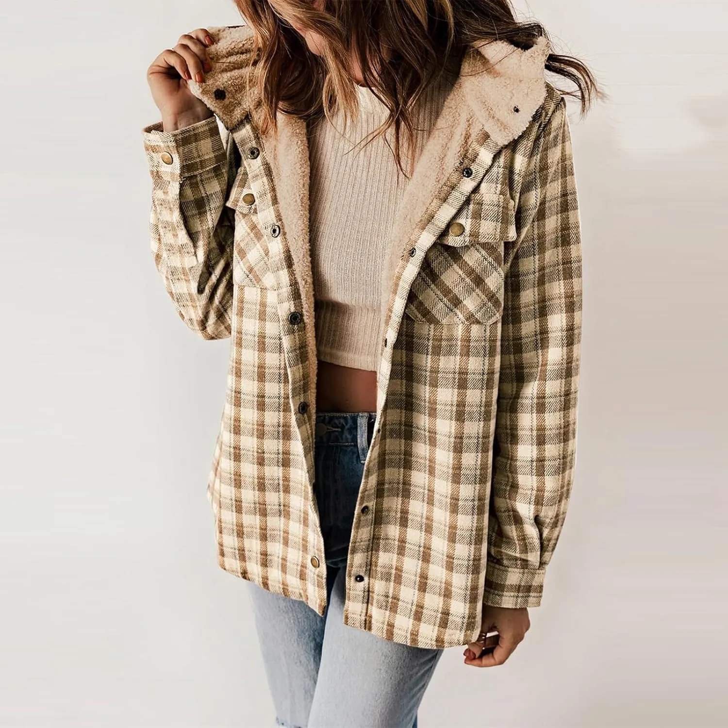 Fleece Plaid Coat for Women Button Down Long Sleeve Hooded Shacket Jacket Casual Plush Warm Coat with Pocket