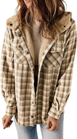 Fleece Plaid Coat for Women Button Down Long Sleeve Hooded Shacket Jacket Casual Plush Warm Coat with Pocket