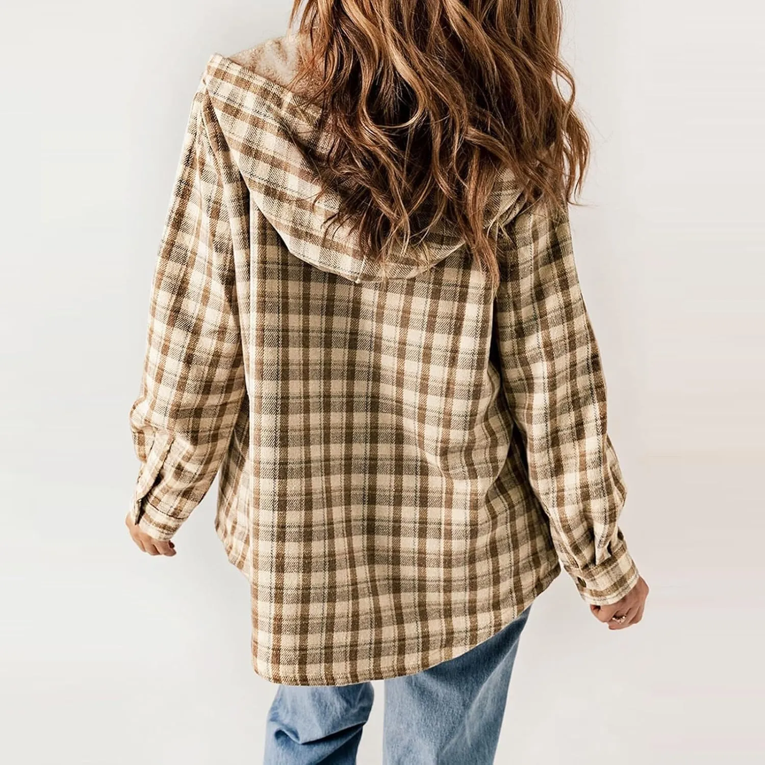 Fleece Plaid Coat for Women Button Down Long Sleeve Hooded Shacket Jacket Casual Plush Warm Coat with Pocket