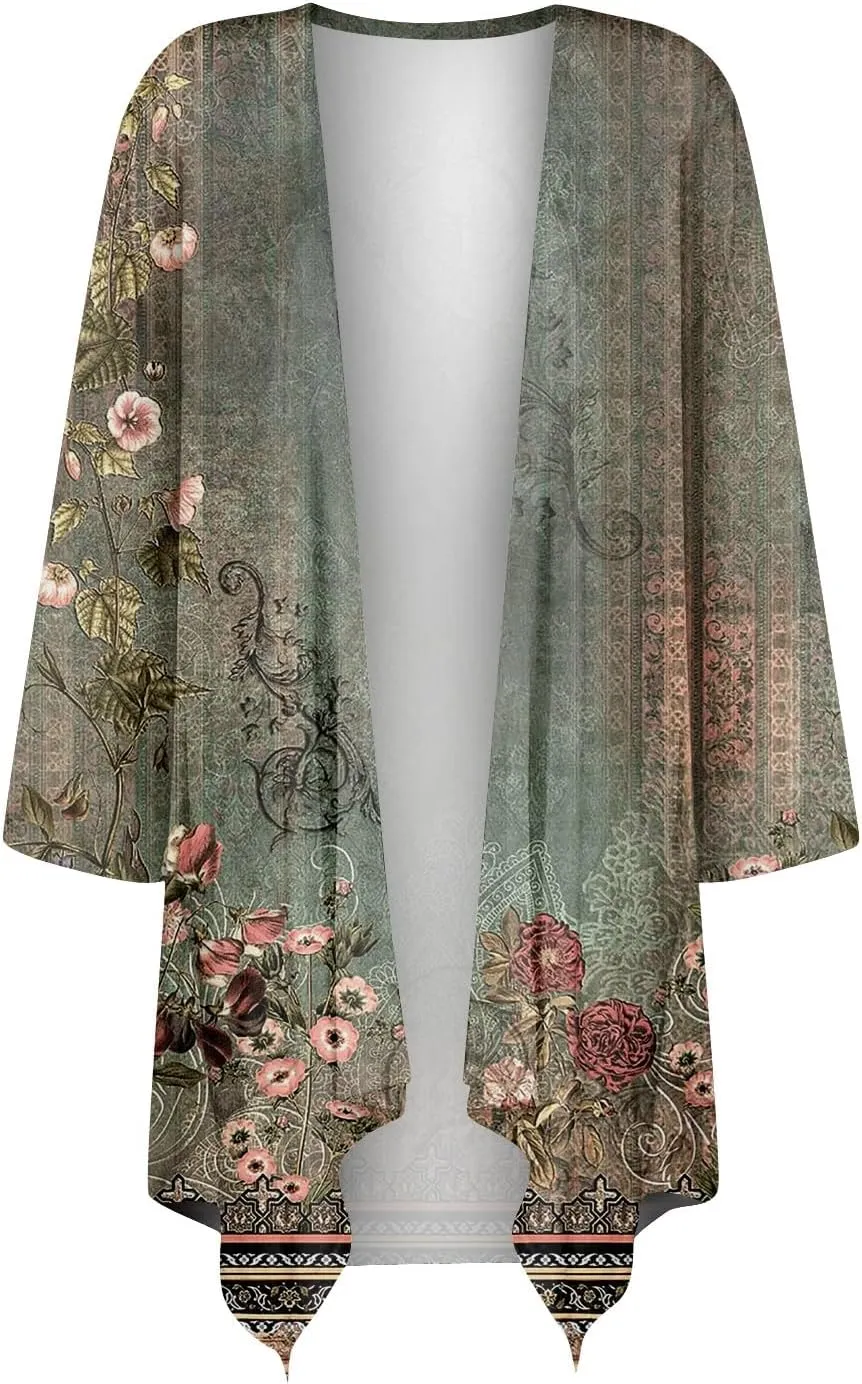 FlekmanArt Beach Cover Up Women 3/4 Sleeve Print Open Front Cardigan Lightweight Resort Wear Trendy Flowy Dressy Jacket