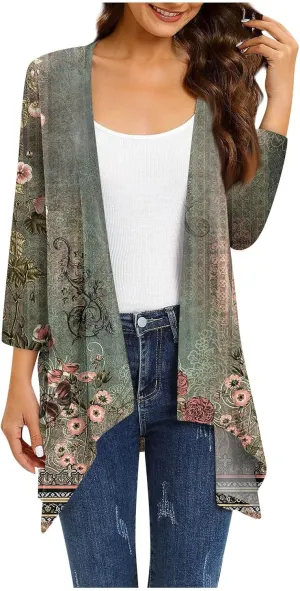 FlekmanArt Beach Cover Up Women 3/4 Sleeve Print Open Front Cardigan Lightweight Resort Wear Trendy Flowy Dressy Jacket