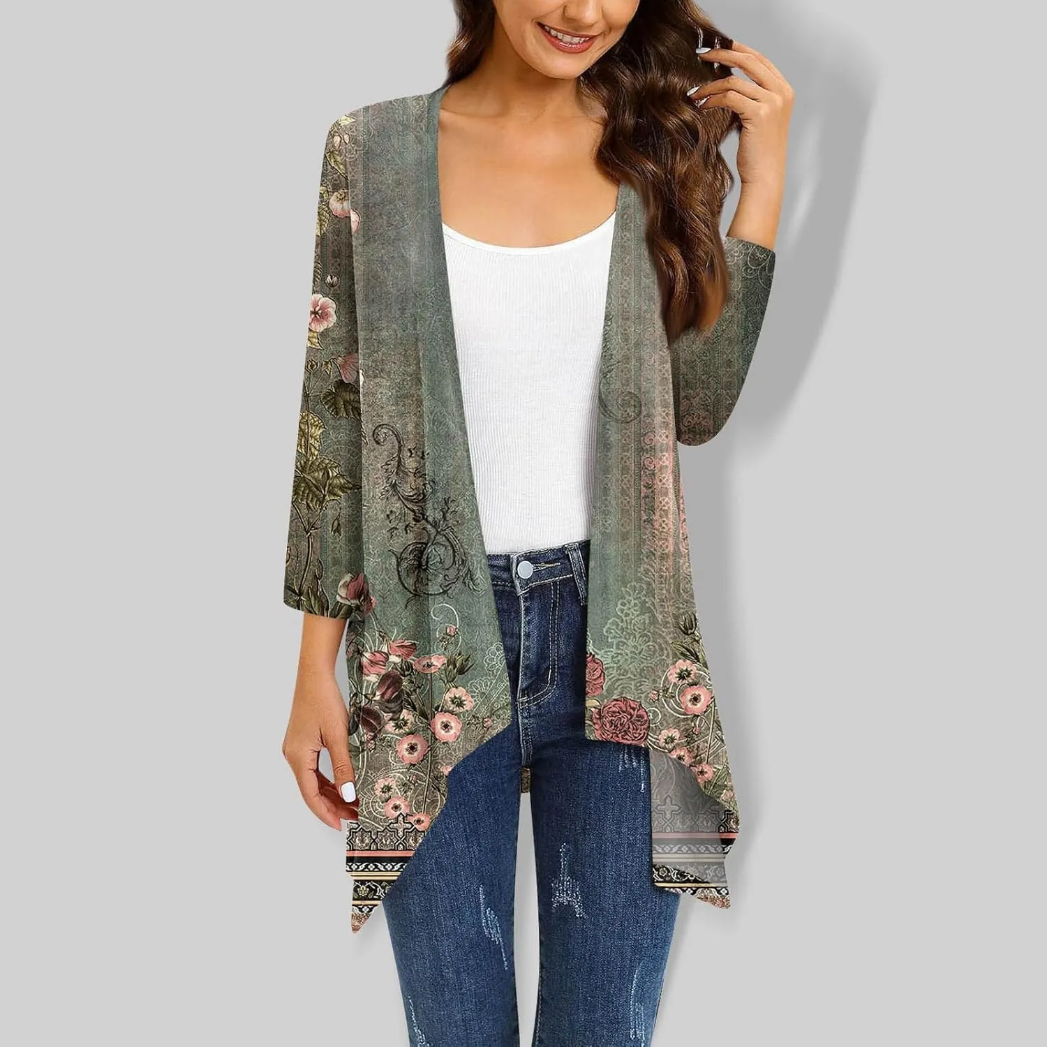 FlekmanArt Beach Cover Up Women 3/4 Sleeve Print Open Front Cardigan Lightweight Resort Wear Trendy Flowy Dressy Jacket