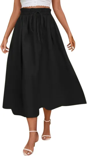 Floral Midi Skirt Boho Flowy Elastic High Waist A Line Skirt Bow Linen Flared Beach Long Skirts for Women with Pockets