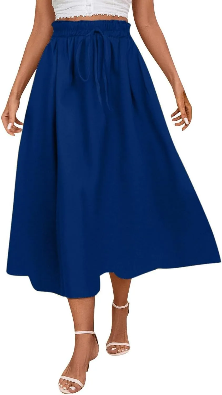 Floral Midi Skirt Boho Flowy Elastic High Waist A Line Skirt Bow Linen Flared Beach Long Skirts for Women with Pockets