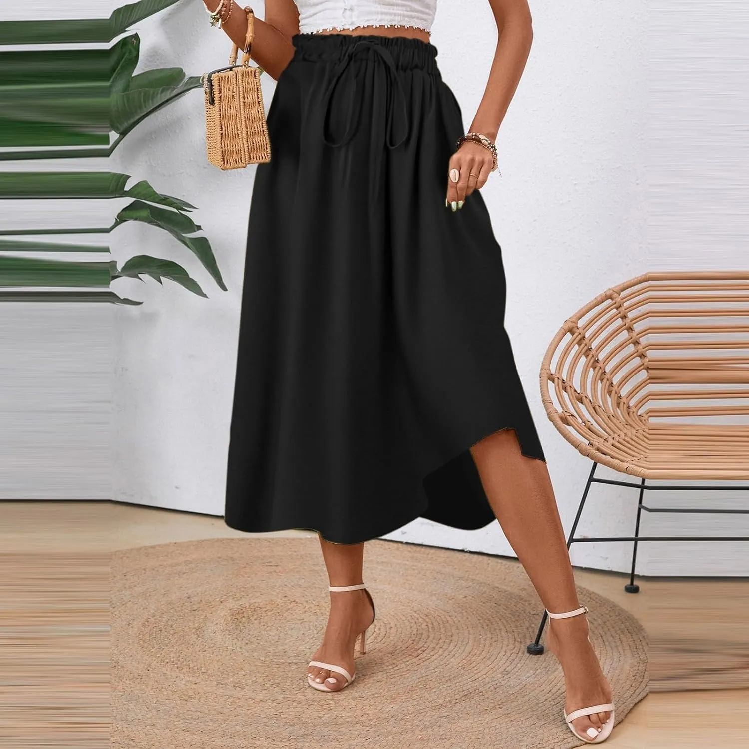 Floral Midi Skirt Boho Flowy Elastic High Waist A Line Skirt Bow Linen Flared Beach Long Skirts for Women with Pockets
