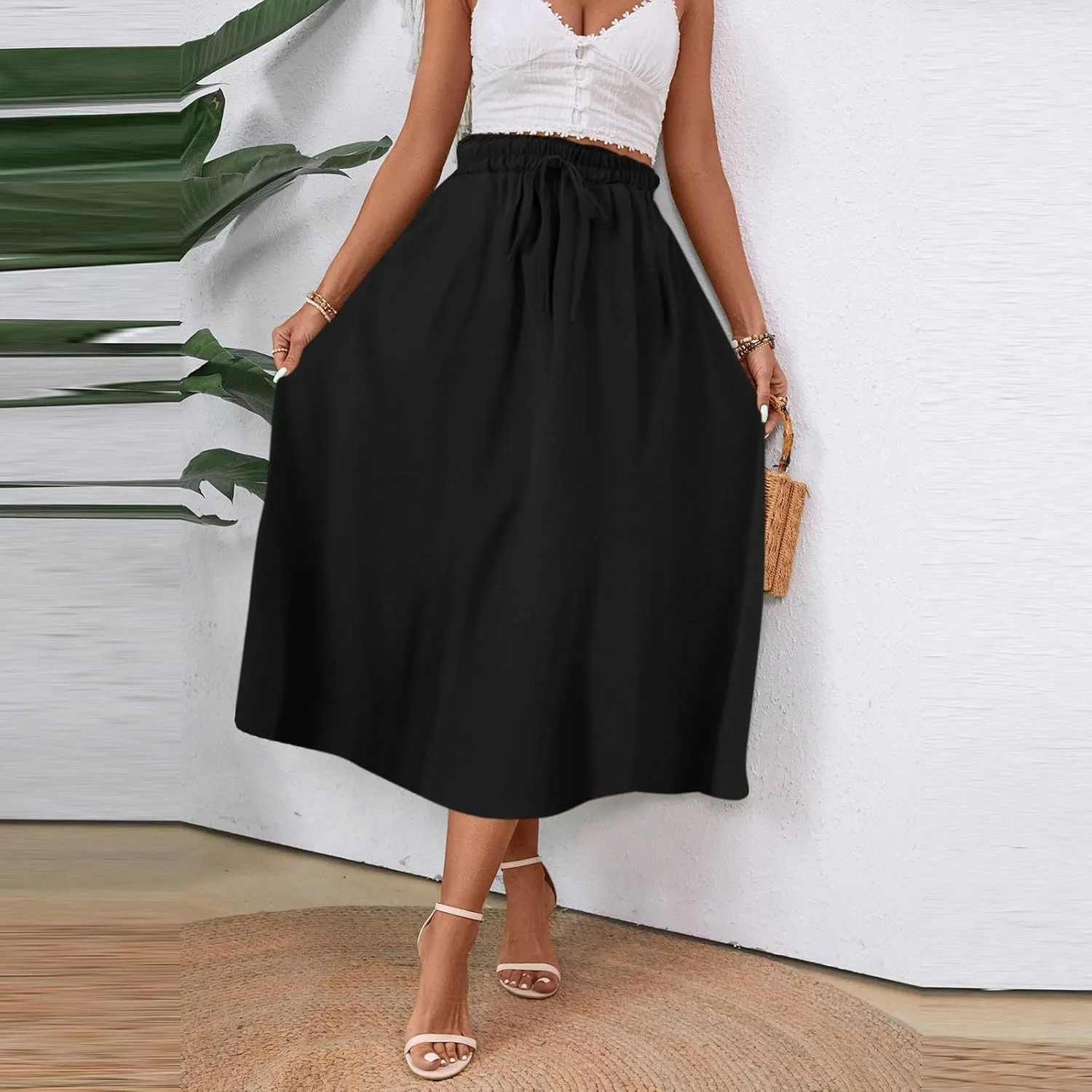 Floral Midi Skirt Boho Flowy Elastic High Waist A Line Skirt Bow Linen Flared Beach Long Skirts for Women with Pockets