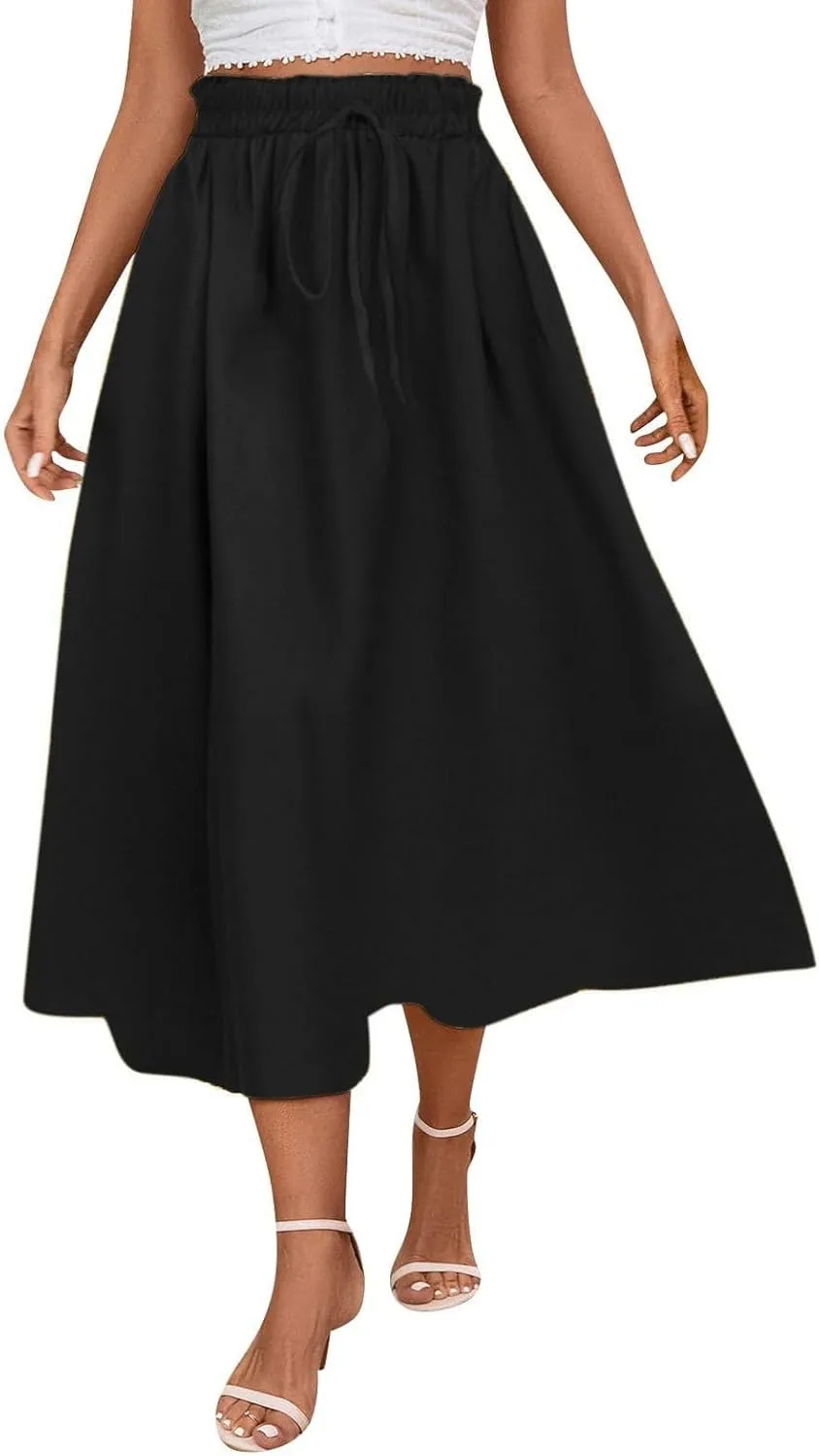 Floral Midi Skirt Boho Flowy Elastic High Waist A Line Skirt Bow Linen Flared Beach Long Skirts for Women with Pockets
