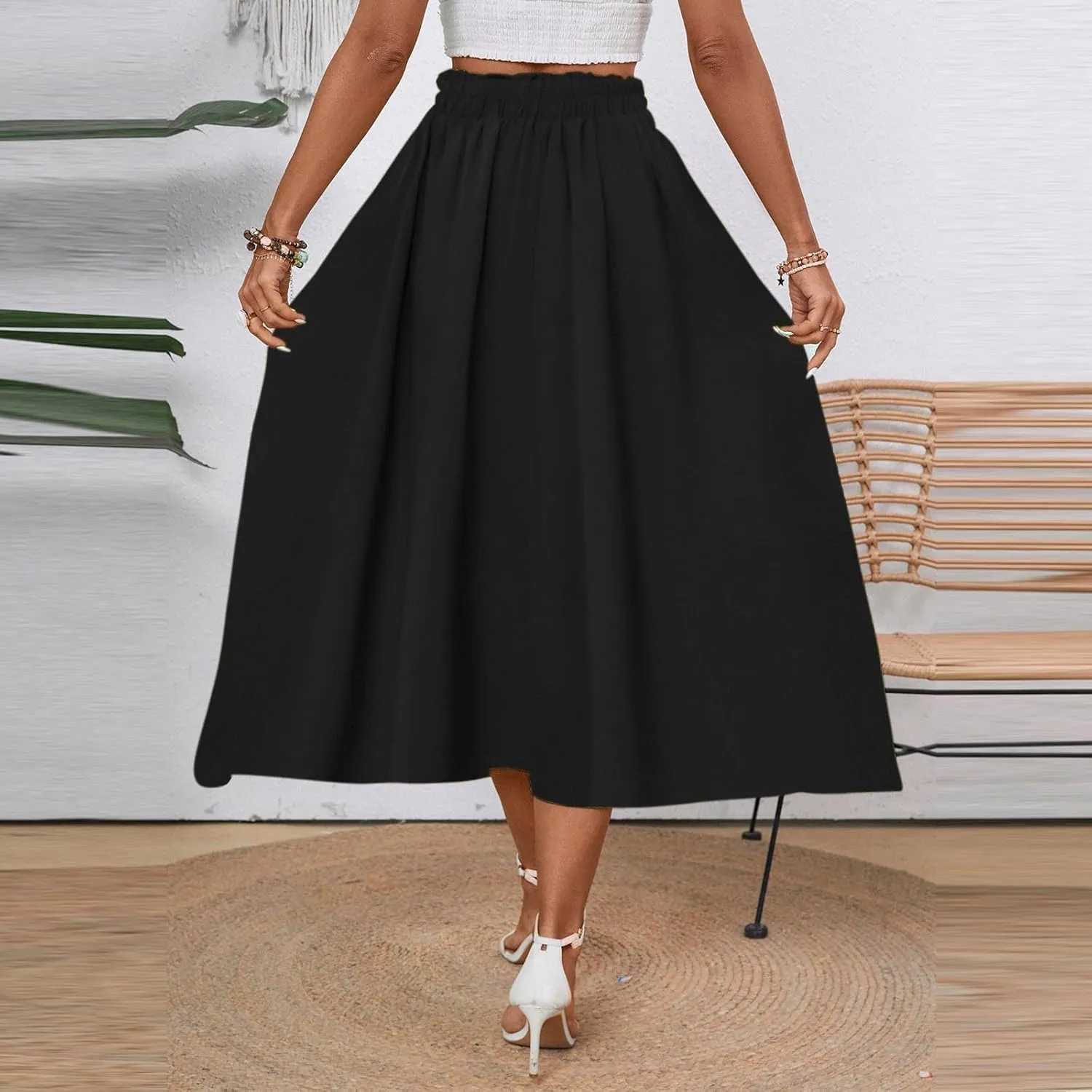 Floral Midi Skirt Boho Flowy Elastic High Waist A Line Skirt Bow Linen Flared Beach Long Skirts for Women with Pockets