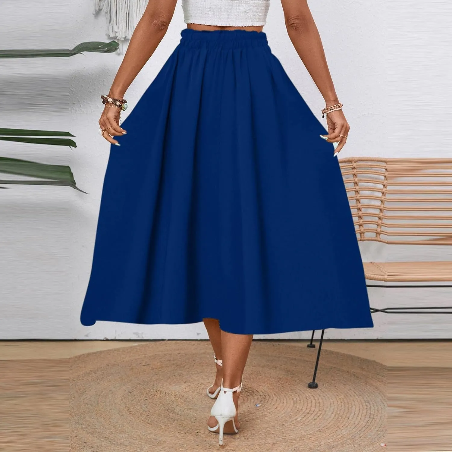 Floral Midi Skirt Boho Flowy Elastic High Waist A Line Skirt Bow Linen Flared Beach Long Skirts for Women with Pockets