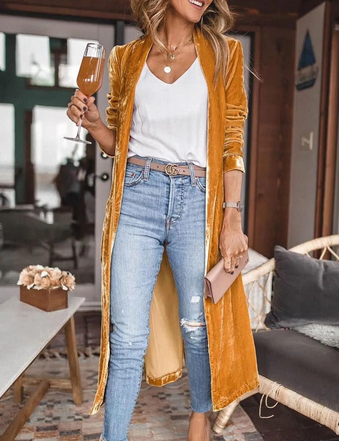 Flygo Women's Long Velvet Cardigan Jacket Lapel Collar Open Front Vintage Maxi Duster Blazer with Pockets