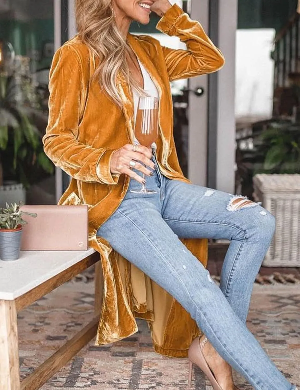 Flygo Women's Long Velvet Cardigan Jacket Lapel Collar Open Front Vintage Maxi Duster Blazer with Pockets