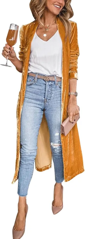 Flygo Women's Long Velvet Cardigan Jacket Lapel Collar Open Front Vintage Maxi Duster Blazer with Pockets