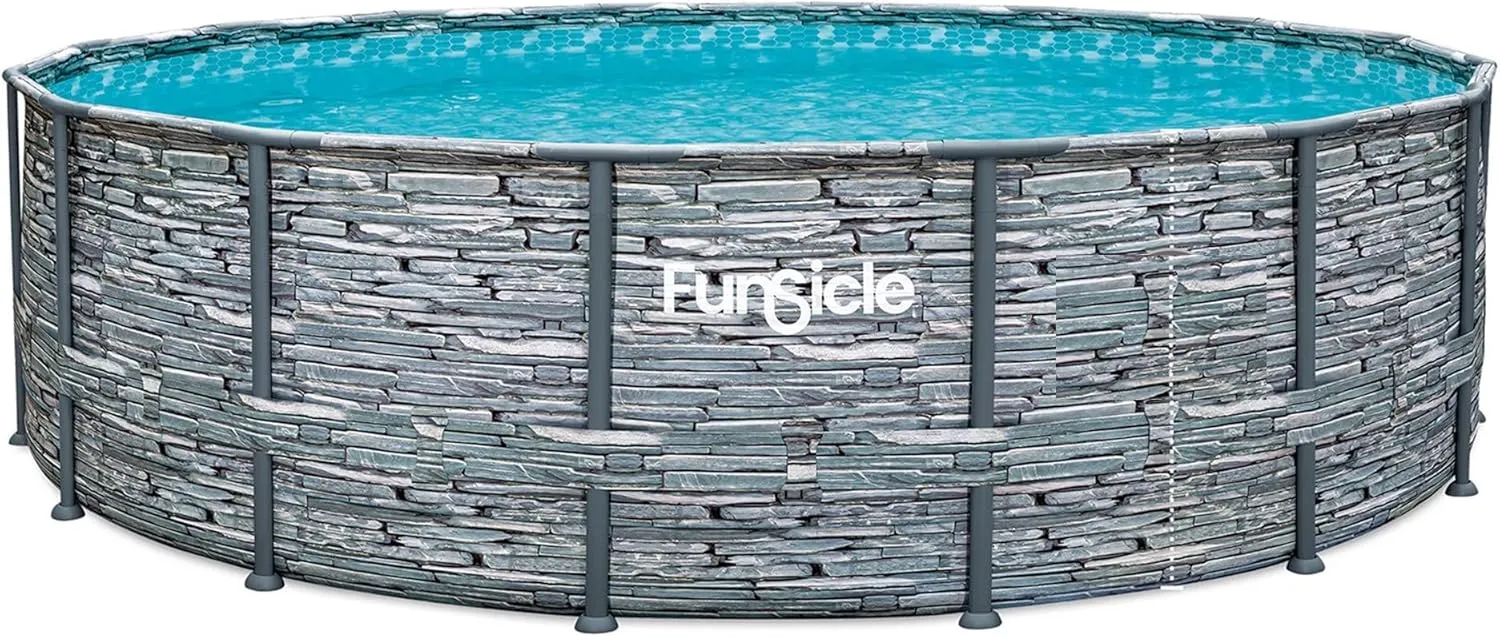Funsicle 14ft x 42in Round Oasis Designer Above Ground Pool, Stone Slate with SkimmerPlus Filter Pump & Ladder