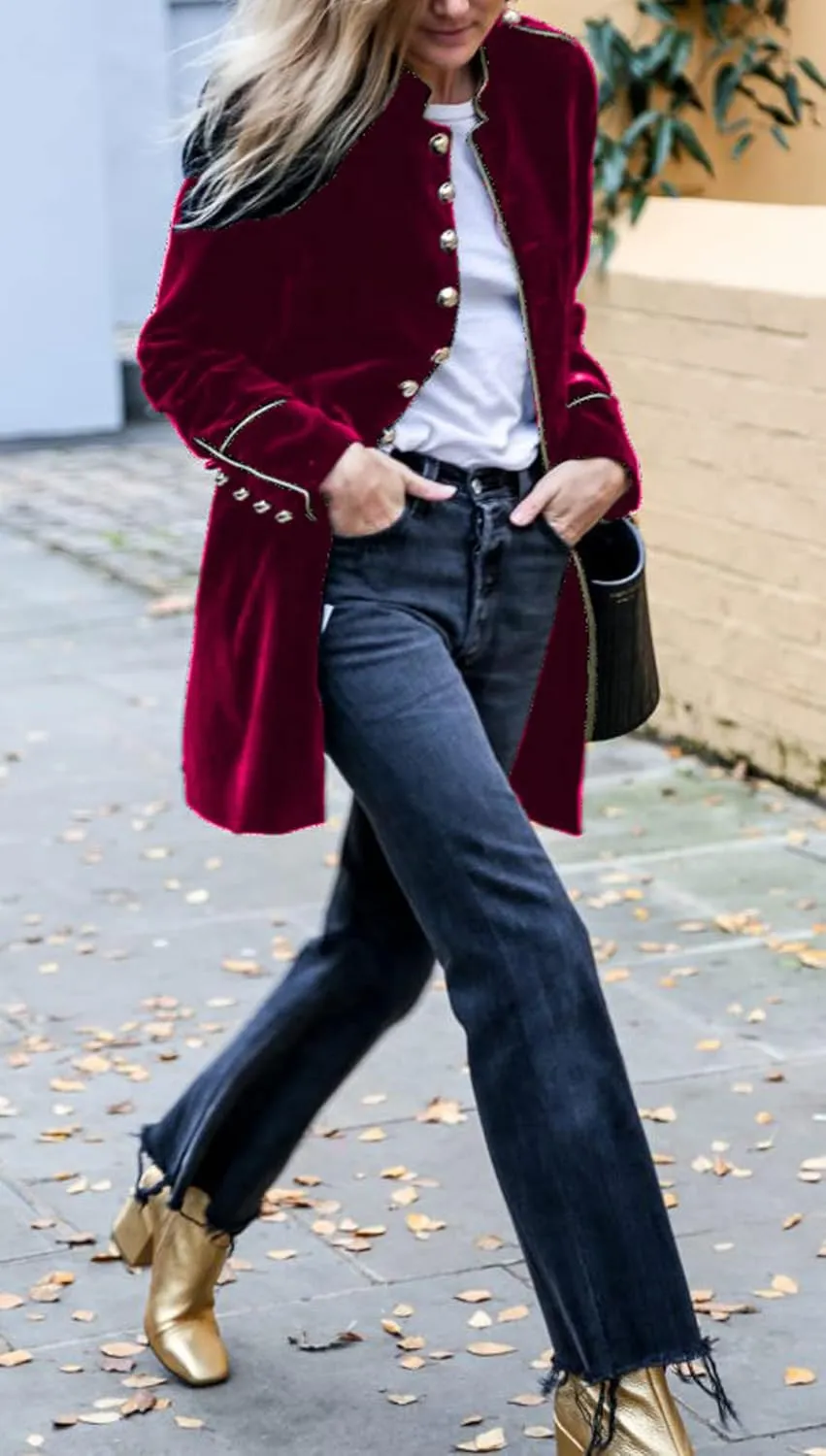 futurino Women's Velvet Jacket for Long Sleeve Single-Breasted Stand-up Collar Solid Warm Velvet Outwear Front Cardigan Coat