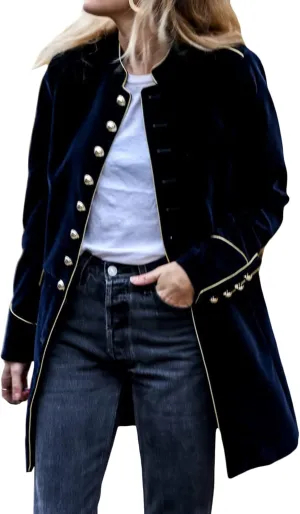 futurino Women's Velvet Jacket for Long Sleeve Single-Breasted Stand-up Collar Solid Warm Velvet Outwear Front Cardigan Coat