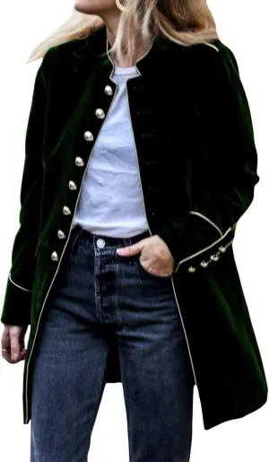 futurino Women's Velvet Jacket for Long Sleeve Single-Breasted Stand-up Collar Solid Warm Velvet Outwear Front Cardigan Coat