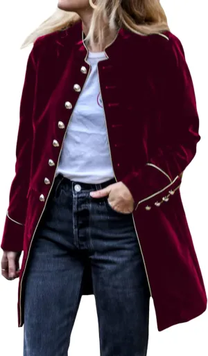 futurino Women's Velvet Jacket for Long Sleeve Single-Breasted Stand-up Collar Solid Warm Velvet Outwear Front Cardigan Coat
