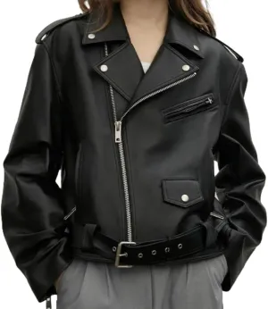 Genuine Sheepskin Leather Fashionable Moto Biker Zipper Streetwear Black Coat Jacket for Women