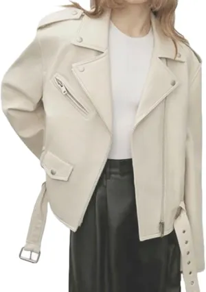 Genuine Sheepskin Leather Fashionable Moto Biker Zipper Streetwear White Coat Jacket for Women