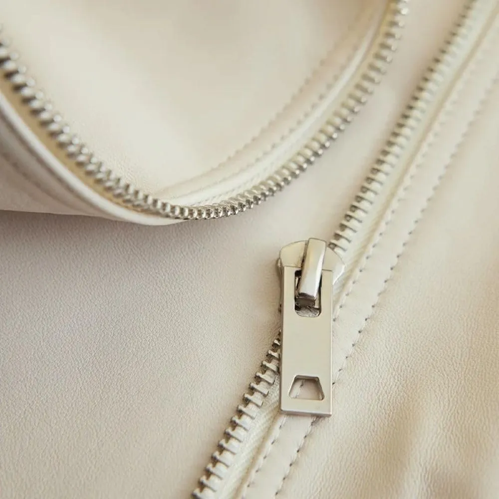 Genuine Sheepskin Leather Fashionable Moto Biker Zipper Streetwear White Coat Jacket for Women