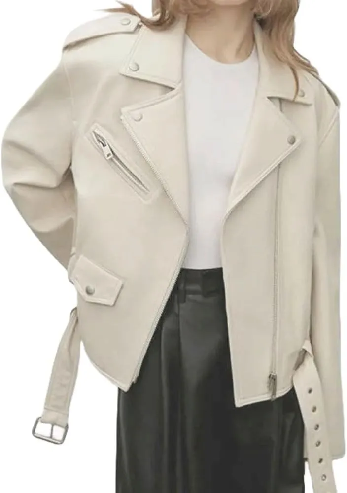 Genuine Sheepskin Leather Fashionable Moto Biker Zipper Streetwear White Coat Jacket for Women