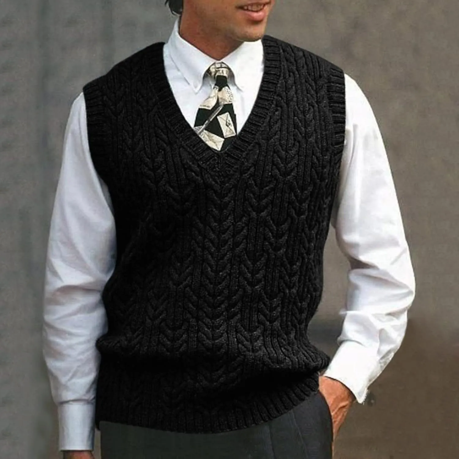 GOKKILRW Mens V Neck Knitted Sweater Casual Sleeveless Cable Knit Pullover Knitwear Vest Solid Loose Wool Blended Sweater