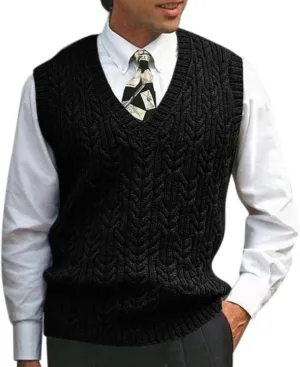 GOKKILRW Mens V Neck Knitted Sweater Casual Sleeveless Cable Knit Pullover Knitwear Vest Solid Loose Wool Blended Sweater