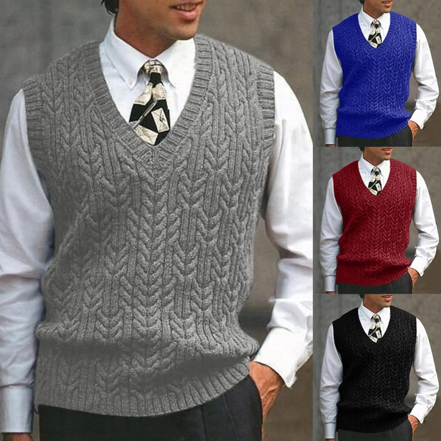 GOKKILRW Mens V Neck Knitted Sweater Casual Sleeveless Cable Knit Pullover Knitwear Vest Solid Loose Wool Blended Sweater