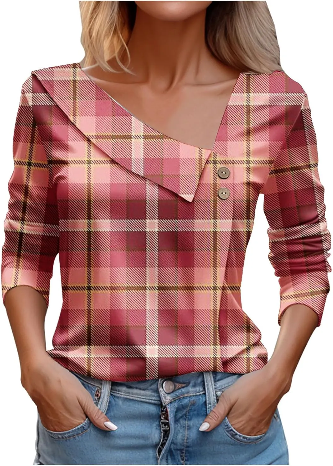 Gold Shirts for Women 3/4 Sleeve Womens Tshirts Cotton Loose Fit Fashion Print V Neck Lapel Woman Shirts Trendy