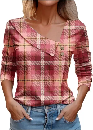 Gold Shirts for Women 3/4 Sleeve Womens Tshirts Cotton Loose Fit Fashion Print V Neck Lapel Woman Shirts Trendy