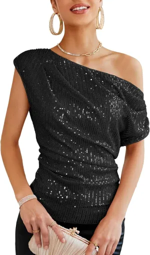GRACE KARIN One Shoulder Sequin Sparkly Tops for Women Ruched Asymmetrical Glitter Tops Slimming Sparkle Party Shirts