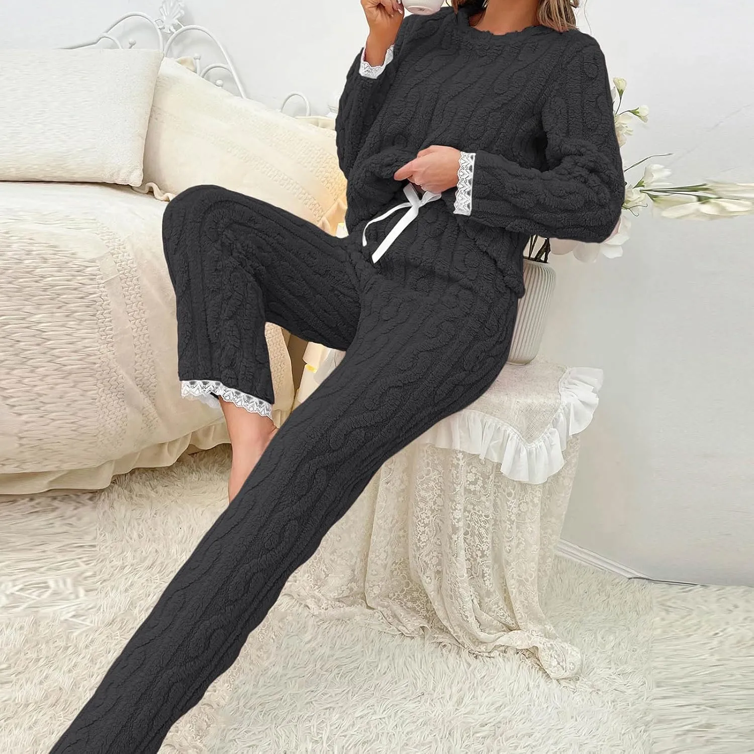 HGps8w Fuzzy Fleece Pajama Sets for Women Winter Warm Jacquard Sleepwear Comfy Plush Pants Pjs Lounge Sweatsuits