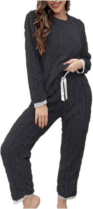 HGps8w Fuzzy Fleece Pajama Sets for Women Winter Warm Jacquard Sleepwear Comfy Plush Pants Pjs Lounge Sweatsuits