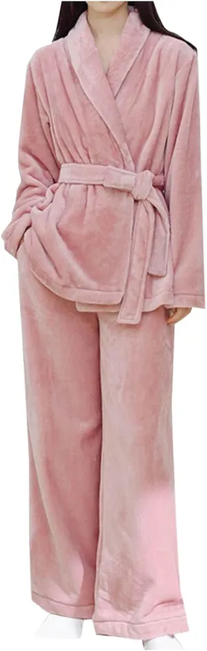 HGps8w Women's Furry Fleece Pajamas Sets - Ultra Soft Belted Wrap Top with Long Pants Two Piece Comfy Lounge Sleepwear