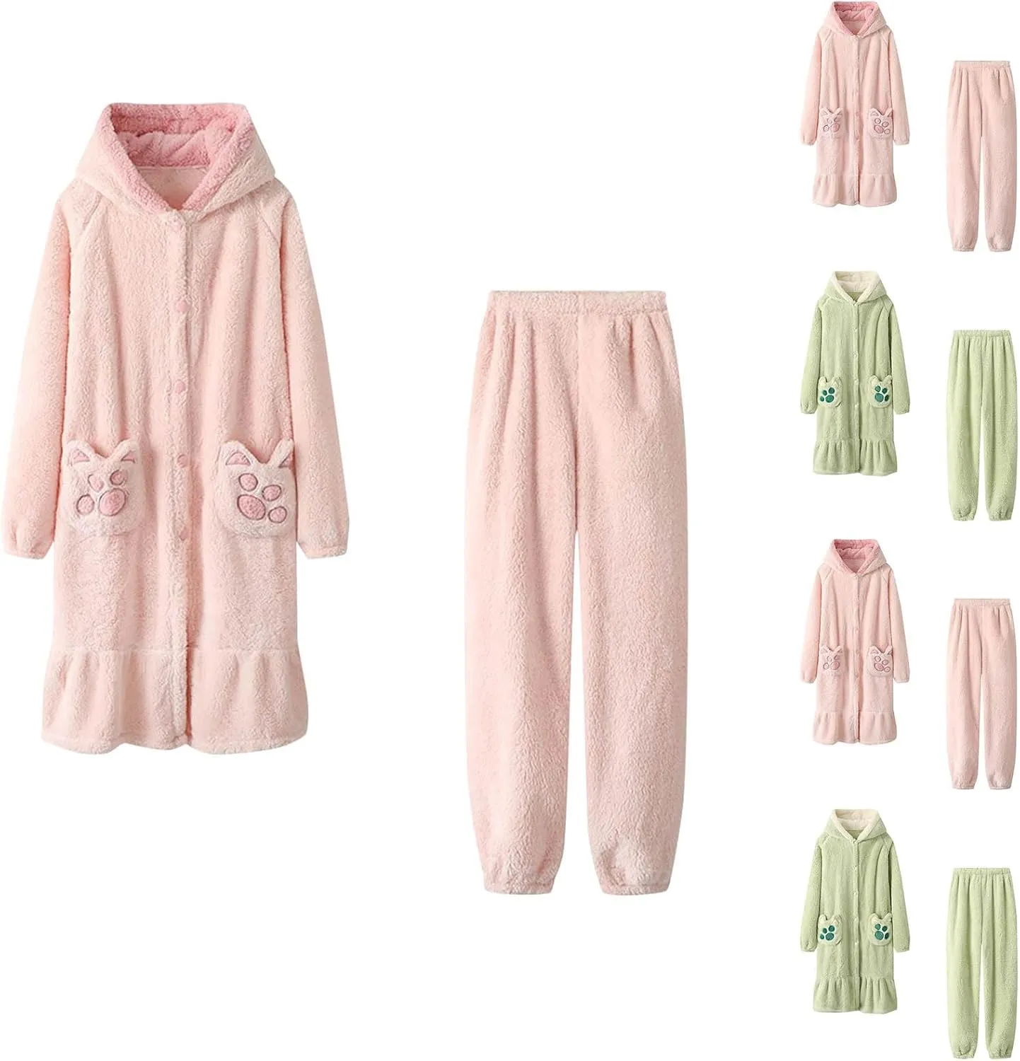 HGps8w Women's Fuzzy Fleece Cute Pajama Sets - Warm Winter Long Fuffy Hoodie Jacket with Plush Pants Lounge Pjs Sleepwear