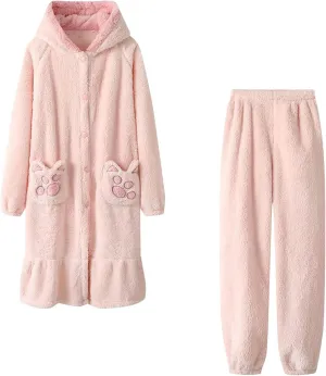 HGps8w Women's Fuzzy Fleece Cute Pajama Sets - Warm Winter Long Fuffy Hoodie Jacket with Plush Pants Lounge Pjs Sleepwear