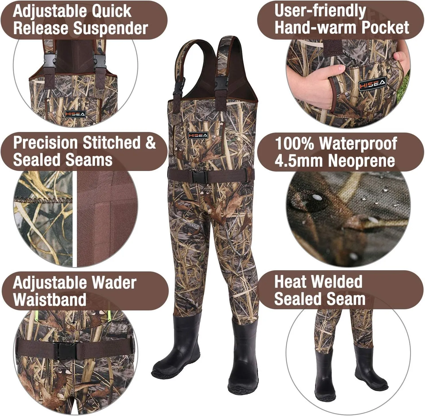 HISEA Kids Chest Waders for Toddler & Children Neoprene Youth Duck Hunting Waders for Kids Boys Girls with Insulated Boots