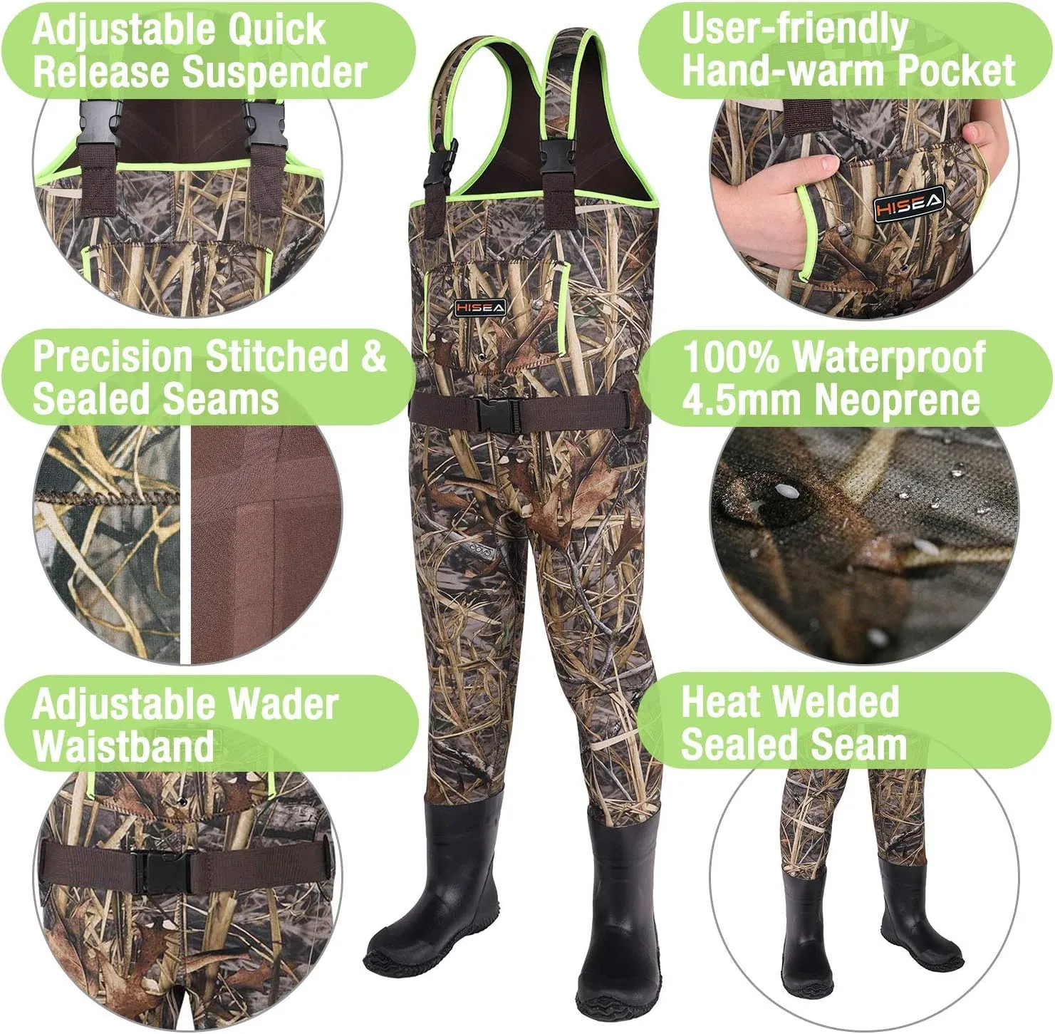 HISEA Kids Chest Waders for Toddler & Children Neoprene Youth Duck Hunting Waders for Kids Boys Girls with Insulated Boots