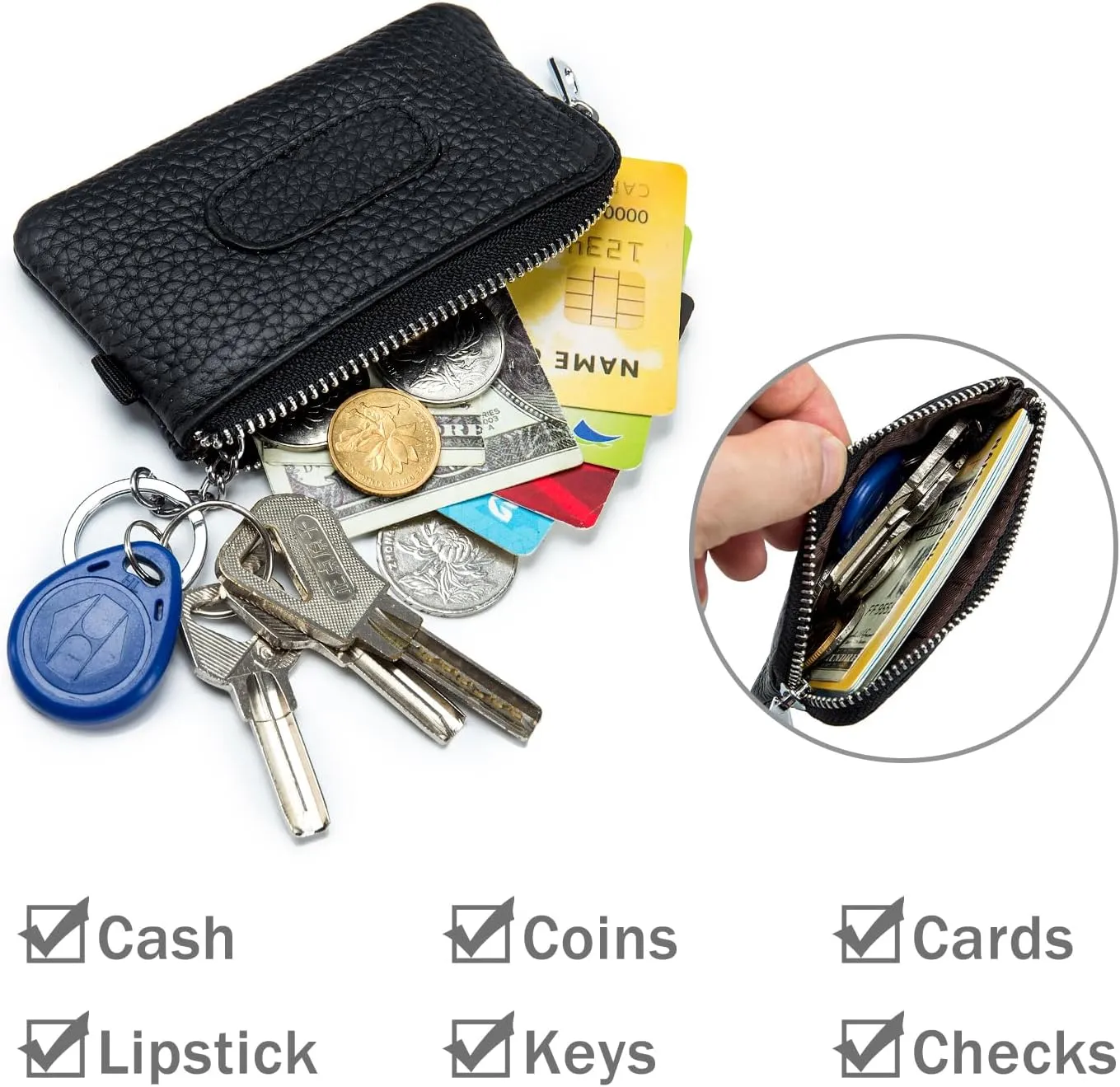 imeetu Leather Coin Keychain Purse for Women, Small Zipper Change Purse for Coins(Black)