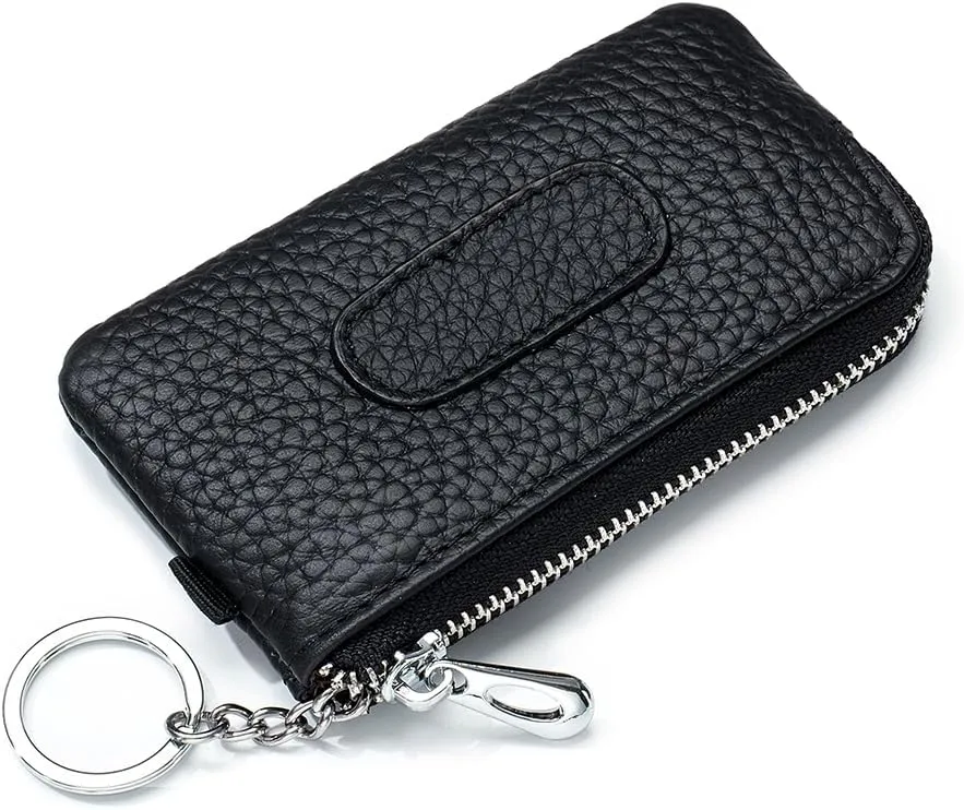 imeetu Leather Coin Keychain Purse for Women, Small Zipper Change Purse for Coins(Black)