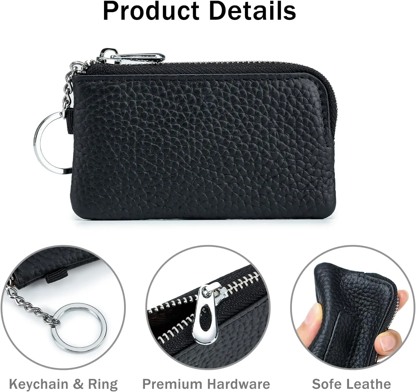 imeetu Leather Coin Keychain Purse for Women, Small Zipper Change Purse for Coins(Black)
