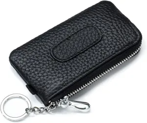 imeetu Leather Coin Keychain Purse for Women, Small Zipper Change Purse for Coins(Black)