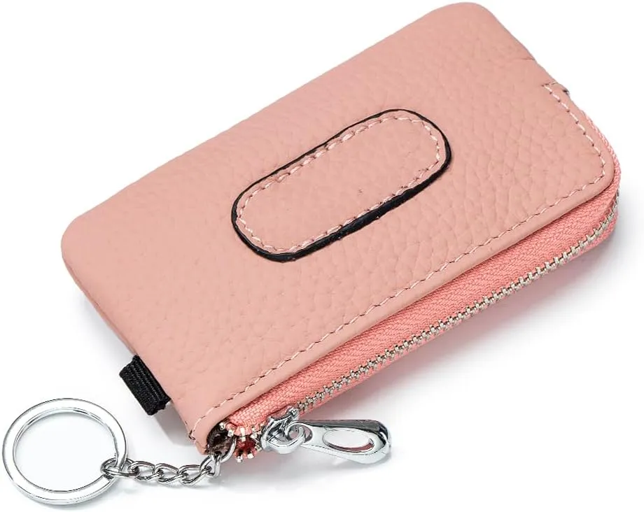 imeetu Leather Coin Keychain Purse for Women, Small Zipper Change Purse for Coins(Pink)