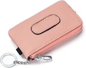 imeetu Leather Coin Keychain Purse for Women, Small Zipper Change Purse for Coins(Pink)