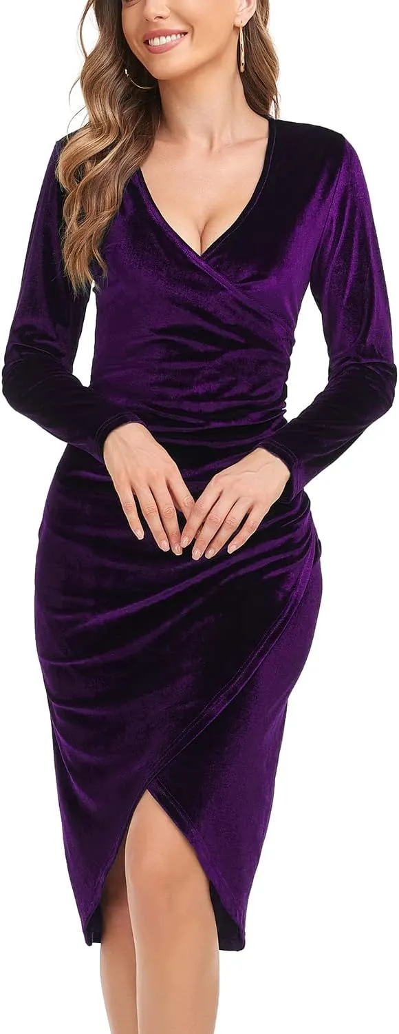 Jusfitsu Women's Sexy Velvet Long Sleeve Dress Wrap V Neck Ruched Bodycon Split Cocktail Party Midi Dress