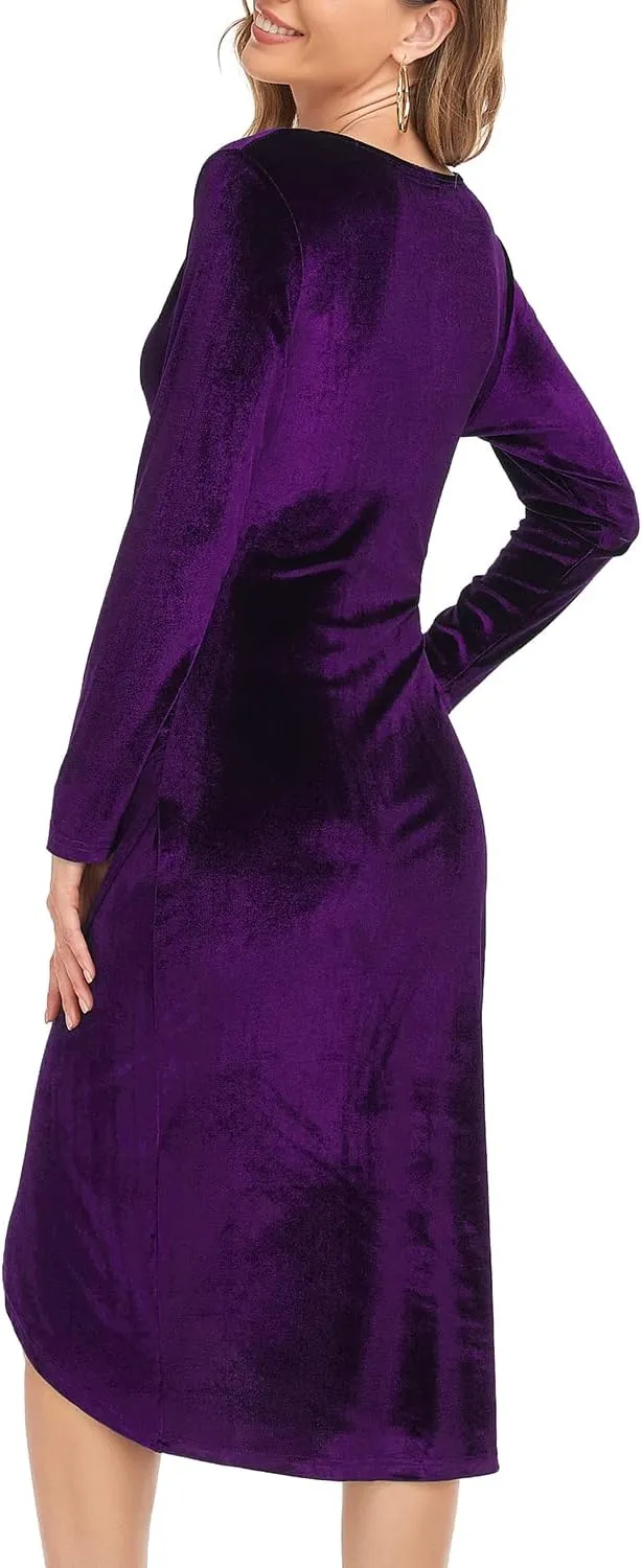 Jusfitsu Women's Sexy Velvet Long Sleeve Dress Wrap V Neck Ruched Bodycon Split Cocktail Party Midi Dress