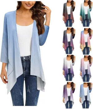 Kimono Cardigan 3/4 Sleeve Cardigan for Women,Plus Size Gradient Open Front Lightweight Summer Cardigan with Pocket