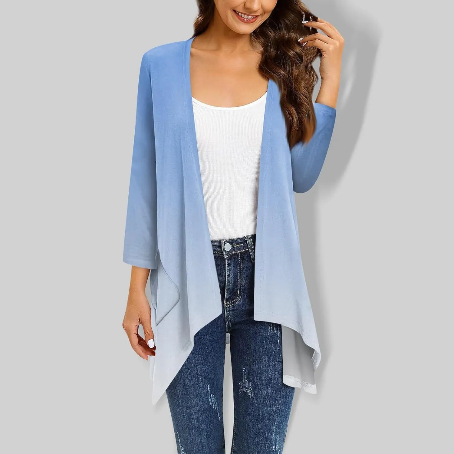 Kimono Cardigan 3/4 Sleeve Cardigan for Women,Plus Size Gradient Open Front Lightweight Summer Cardigan with Pocket