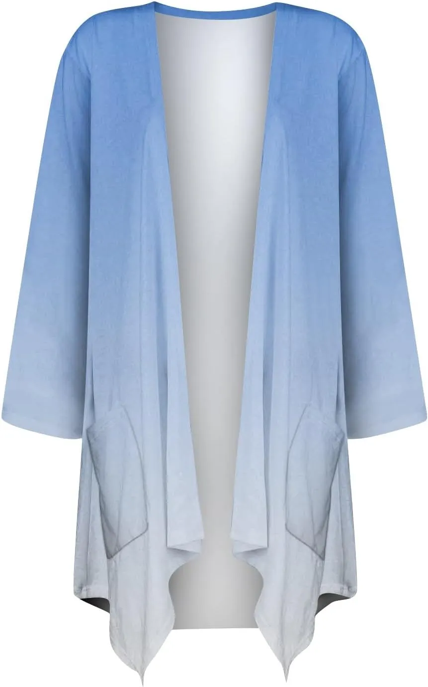 Kimono Cardigan 3/4 Sleeve Cardigan for Women,Plus Size Gradient Open Front Lightweight Summer Cardigan with Pocket